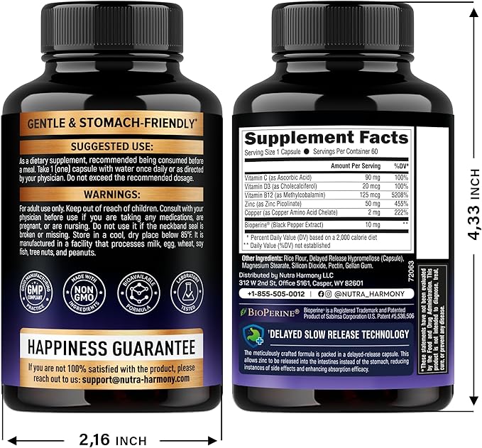 Zinc Picolinate 50mg - Zinc Supplement with Copper, Vitamin D3 & B12 - Stomach Friendly | Slow Release - Immune Support & Skin Health - High Absorption with BioPerine & Vitamin C - 60 Capsules