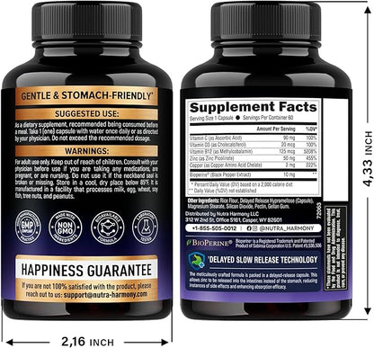 Zinc Picolinate 50mg - Zinc Supplement with Copper, Vitamin D3 & B12 - Stomach Friendly | Slow Release - Immune Support & Skin Health - High Absorption with BioPerine & Vitamin C - 60 Capsules