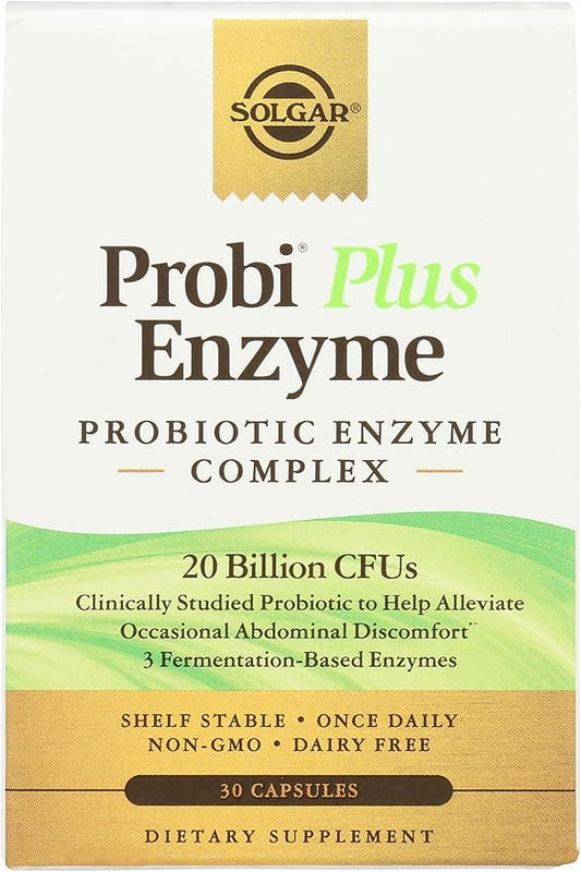 Solgar Probi Plus Enzyme Complex, 30 Capsules - 20 Billion CFU Probiotic Plus Enzymes - Once Daily - Clinically-Studied to Alleviate Occasional Gas & Bloating - Non-GMO & Dairy Free, 30 Servings