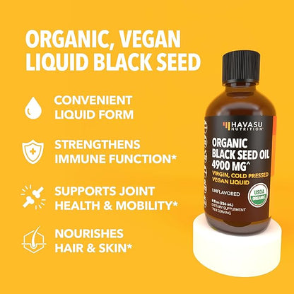 Organic Black Seed Oil Cold Pressed Liquid - Black Cumin Supplement for Immune System Function, Digestive Support, Hair Nourishment & Overall Health - 8 Fl Oz - Unflavored, Non-GMO, Vegan
