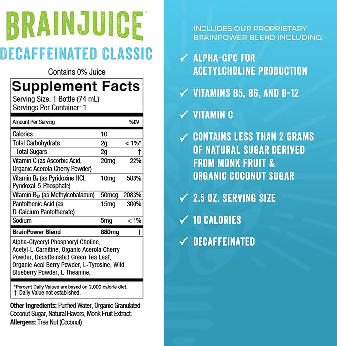 BrainJuice Decaf Brain Support Shot, Gluten Free Supplement Shots for Energy & Focus, Healthy Drinks with Alpha GPC, Vitamin B & Decaffeinated Green Tea Leaf, Classic, 2.5 fl oz, 12 Pack