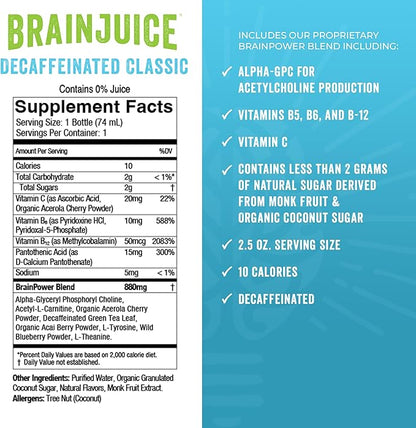 BrainJuice Decaf Brain Support Shot, Gluten Free Supplement Shots for Energy & Focus, Healthy Drinks with Alpha GPC, Vitamin B & Decaffeinated Green Tea Leaf, Classic, 2.5 fl oz, 12 Pack