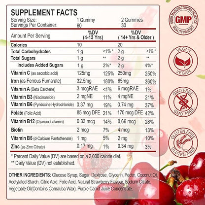 Iron Gummies Supplement for Women, Men & Kids, Iron 65mg with 250mg Vitamin C B6 B12 Folate Healthy Blood, Energy & Immune Support Gentle on Stomach Ferrous Fumarate, 120 Count