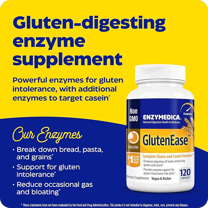 Enzymedica GlutenEase, Digestive Enzymes for Food Intolerance, Support for Hidden Gluten & Cross-Contamination, Offers Fast Acting Gas & Bloating Relief, 120 Count (FFP)