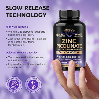 Zinc Picolinate 50mg - Zinc Supplement with Copper, Vitamin D3 & B12 - Stomach Friendly | Slow Release - Immune Support & Skin Health - High Absorption with BioPerine & Vitamin C - 60 Capsules