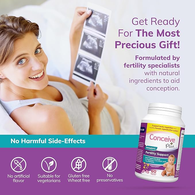 CONCEIVE PLUS Women's Fertility Support: Conception Prenatal Supplements for Her, Aids Hormonal Balance, & Regular Cycles - Folic Acid, B12, Zinc, Biotin, Non-GMO - 60 Vegetarian Soft Capsules