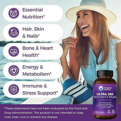 Vitamin World Ultra 360 Multivitamin for Women, Women's Multivitamin with Herbs & Collagen for Hair, Skin & Nails, Supplement with Iron, Vitamin A, B, C, D, E for Energy & Immune Support, 90 Caplets