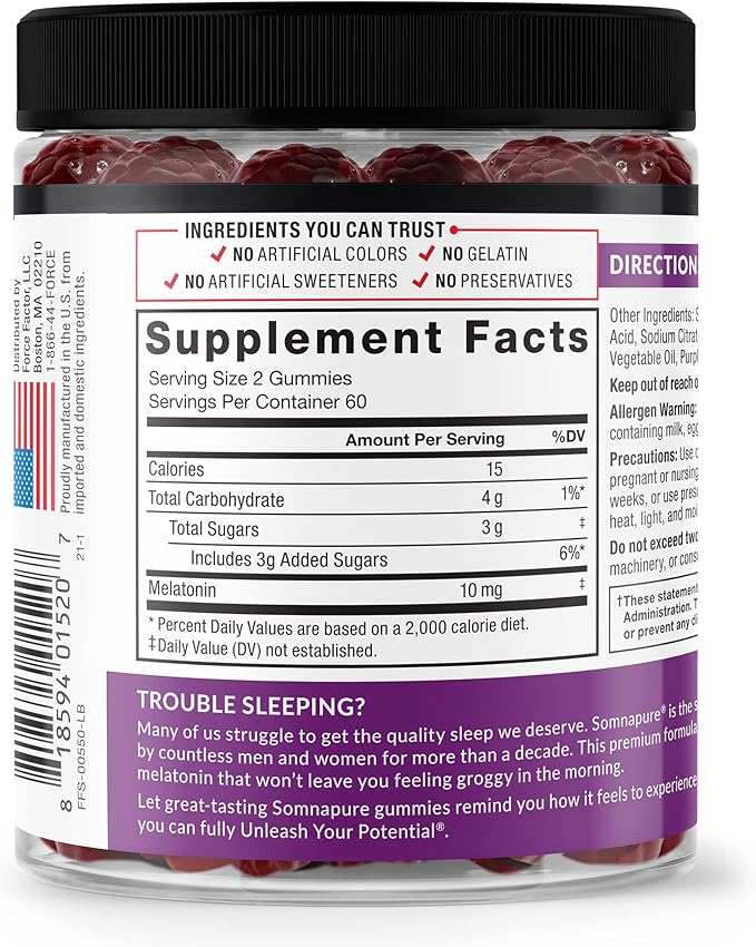 Force Factor Somnapure Gummies with Melatonin, Drug-Free Sleep Support Supplement for Adults with Occasional Sleeplessness, Dream Berry Flavor, 120 Count (Pack of 4)