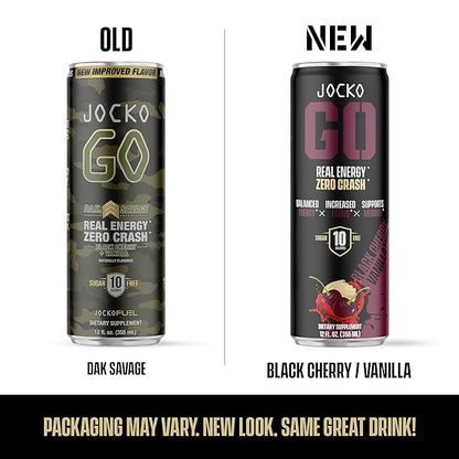 Jocko GO Energy Drink - KETO, Vitamin B12, Vitamin B6, Electrolytes, L Theanine, Magnesium- Energy Boost, Sugar Free Nootropic Monk Fruit Blend - 12 Pack (Black Cherry Vanilla)