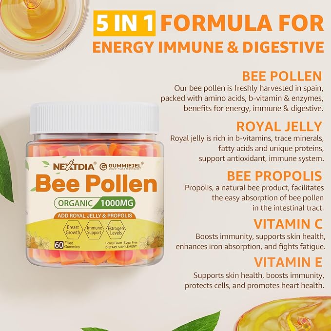Bee Pollen Organic 1000mg, w/Propolis, Royal Jelly, Sugar Free Bee Pollen Gummies Rich in B-Vitamin, Antioxidants, Amino Acids, Bee Pollen Supplement for Energy, Skin & Immune (1 Pack)