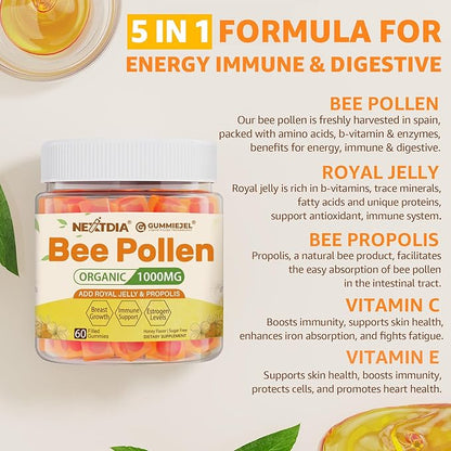 Bee Pollen Organic 1000mg, w/Propolis, Royal Jelly, Sugar Free Bee Pollen Gummies Rich in B-Vitamin, Antioxidants, Amino Acids, Bee Pollen Supplement for Energy, Skin & Immune (1 Pack)