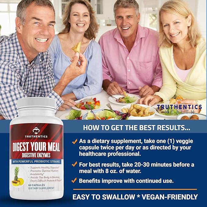 TRUTHENTICS Digestive Enzymes Plus Probiotics & Prebiotics with Bromelain, Lactase, Galactosidase, Acidophilus - Vegan Digestion Aid, Constipation Bloating & Gas Relief for Men & Women - 60 Capsules