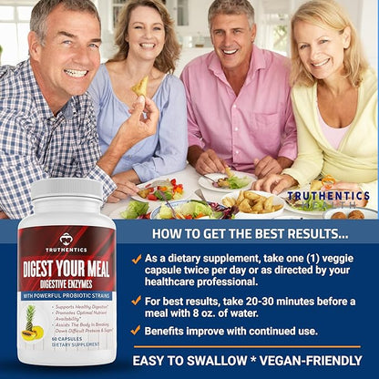 TRUTHENTICS Digestive Enzymes Plus Probiotics & Prebiotics with Bromelain, Lactase, Galactosidase, Acidophilus - Vegan Digestion Aid, Constipation Bloating & Gas Relief for Men & Women - 60 Capsules
