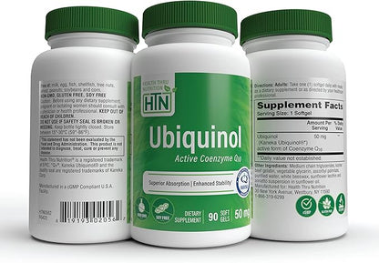 Health Thru Nutrition Ubiquinol 50mg 90 Softgels as Kaneka QH Reduced CoQ-10 | Stabilized - 3rd Party Tested | Enhanced Bioavailability | Cardiovascular & Mitochondria Function Support | Non-GMO
