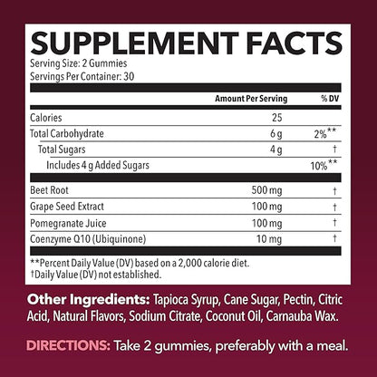 Beet Root Gummies with COQ10 & Pomegranate - Nitric Oxide Supplement for Men and Women - Beetroot for Endurance, Performance, Recovery - Vegan, Non-GMO, Gluten Free - Mixed Berry Flavor, 60 Count
