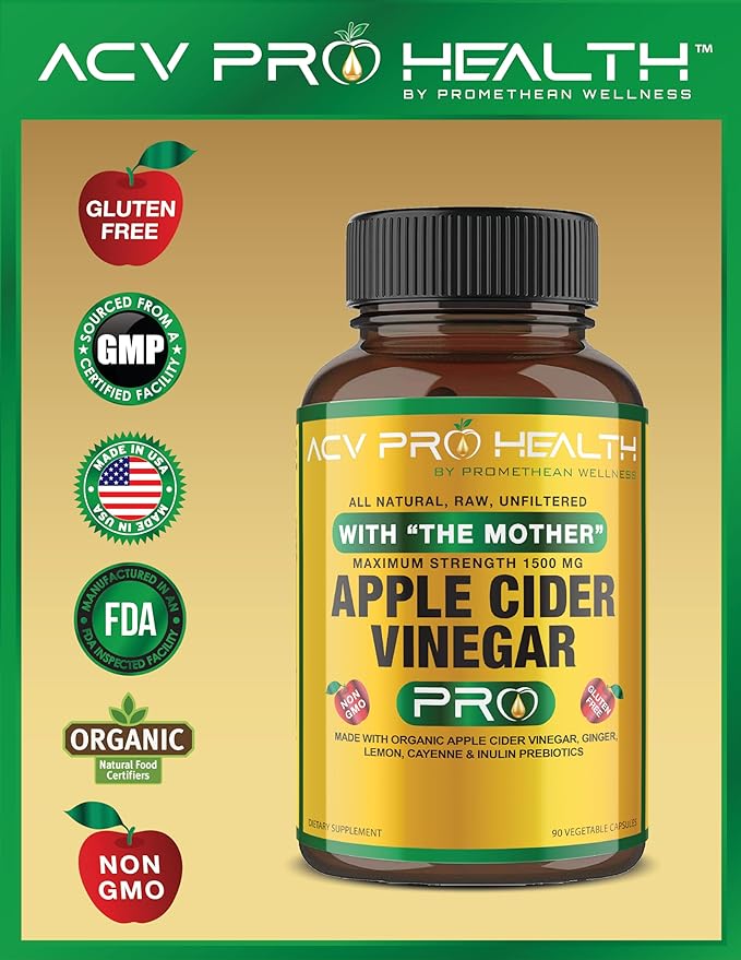 2-Pack ACV Pro Apple Cider Vinegar Capsules Certified Organic with Mother ACV Pills Detox Cleanse Acid Reflux Relief Support Supplement Ginger Root Cayenne Pepper Powder