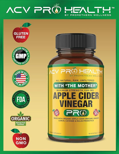 2-Pack ACV Pro Apple Cider Vinegar Capsules Certified Organic with Mother ACV Pills Detox Cleanse Acid Reflux Relief Support Supplement Ginger Root Cayenne Pepper Powder