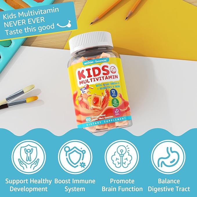 Sugar Free Kids Multivitamin Gummies (Made in USA) with Iron, Probiotics, Vegan Omega 3 (EPA/DHA), Kids Daily Vitamins A, C, D, B Complex, for Healthy Growth, Boost Immunity, Orange Flavor, 120 Count