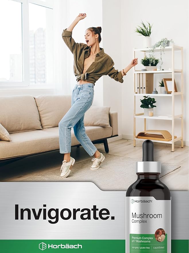 Horbäach Mushroom Complex Liquid Extract | 4 FL Oz Tincture Drops | 7 Premium Mushrooms | Maitake, Shiitake, Reishi, Chaga, Cordyceps, Lion's Mane & Oyster Mushrooms | Vegetarian, Non-GMO, Gluten Free