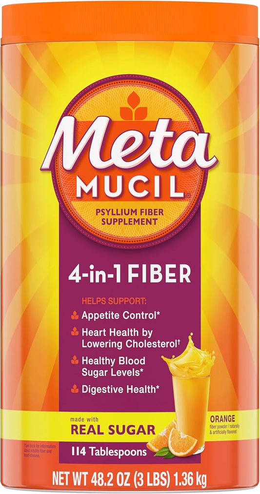 Metamucil 4-in-1 Fiber Supplement for Digestive Health, Psyllium Husk Fiber Powder, Fiber Supplement with Real Sugar, Orange Flavored, 114 tablespoons