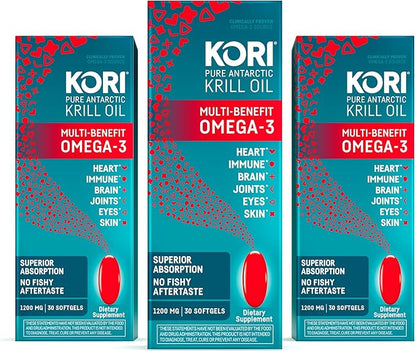 Kori Krill Oil Omega 3 Supplement, Antarctic Krill Oil with Superior Absorption vs Fish Oil, 1200mg Softgels, 30 Softgels, EPA & DHA (Pack of 3)