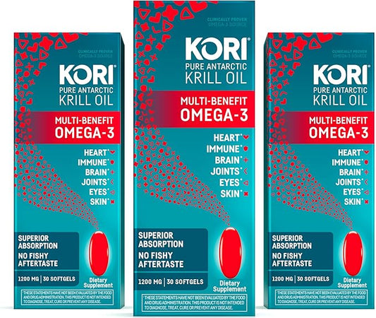 Kori Krill Oil Omega 3 Supplement, Antarctic Krill Oil with Superior Absorption vs Fish Oil, 1200mg Softgels, 30 Softgels, EPA & DHA (Pack of 3)