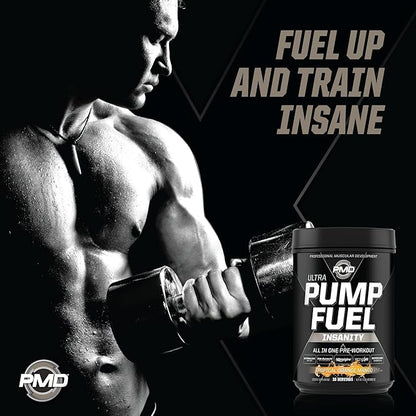 PMD Sports Ultra Pump Fuel Insanity - Pre Workout Drink Mix for Energy, Strength, Endurance, Recovery - Complex Carbohydrates and Amino Energy - Tropical Orange Mango (30 Servings)
