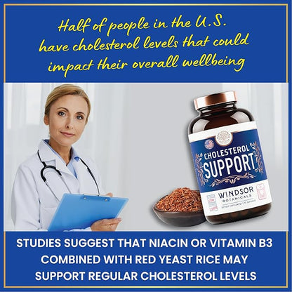 WINDSOR BOTANICALS Cholesterol Supplements - Citrus Bergamot, Niacin, Red Yeast Rice, Berberine, Aronia Berry Extract to Support Normal HDL and LDL Cholesterol Levels - 90 Vegan, Non-GMO Capsules