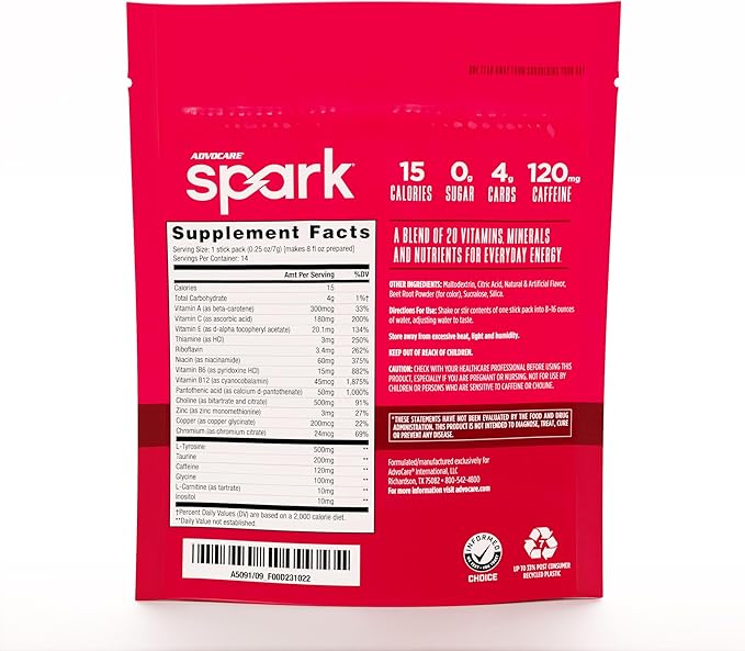 AdvoCare Spark Vitamin & Amino Acid Supplement - Focus & Energy Drink Powder Mix with Vitamin A, B-6, C & E - Also Includes L-Carnitine & L-Tyrosine - Cherry, 14 Stick Packs
