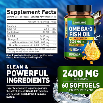 Built by Nature Omega 3 Fish Oil Soft Gels - 2400 mg Fish Oil, 1440 mg Omega 3, 864 mg EPA, 576 mg DHA - Extra Strength Brain & Heart Health Support Supplement - 60 Softgels