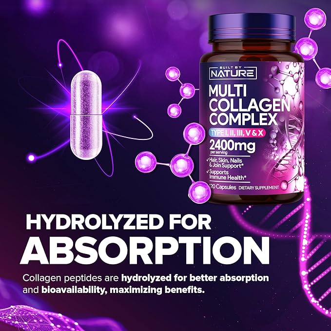 Built by Nature Collagen Pills – Multi Collagen Peptides Complex Supplement for Women – Type I, II, III, V, X for Hair, Skin, Nails, Joints & Bone Health - Hydrolyzed, Grass-Fed - 120 Capsules