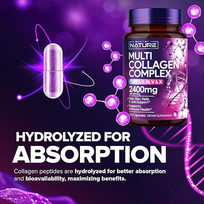Built by Nature Collagen Pills – Multi Collagen Peptides Complex Supplement for Women – Type I, II, III, V, X for Hair, Skin, Nails, Joints & Bone Health - Hydrolyzed, Grass-Fed - 120 Capsules
