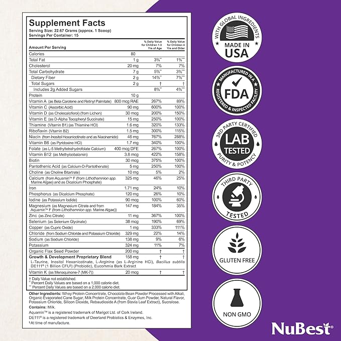 NuBest Tall Protein Powder for Kids & Teens - Chocolate Protein Powder with Red Algae Calcium, Probiotics, Omega 3-6-9, Vitamin D3 K2 & Magnesium from Marine Algae - Bone Strength & Immunity - Pack 2
