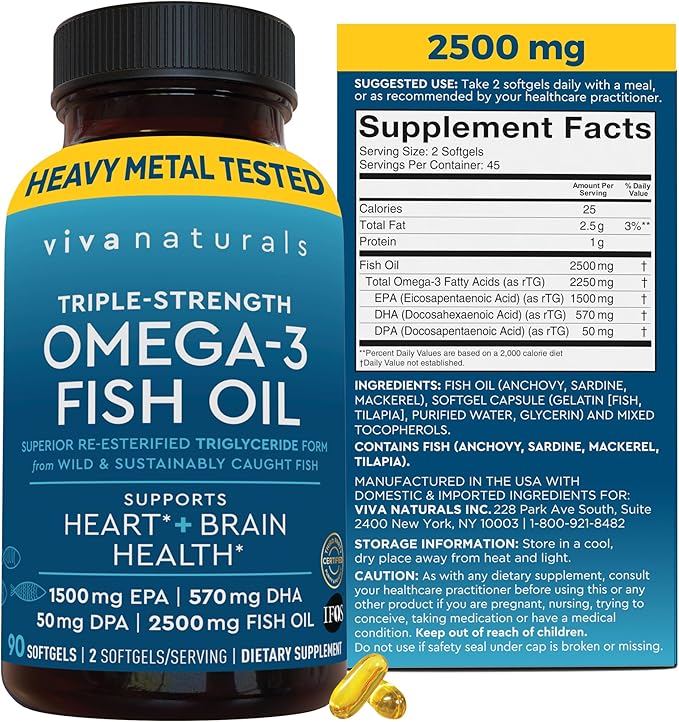 Viva Naturals Omega 3 Fish Oil Supplement for Women and Men - 2500 mg Triple Strength Fish Oil Pills with Re-Esterified Omega 3 Fatty Acids Including EPA, DHA DPA - 90 Pescatarian-Friendly Softgels