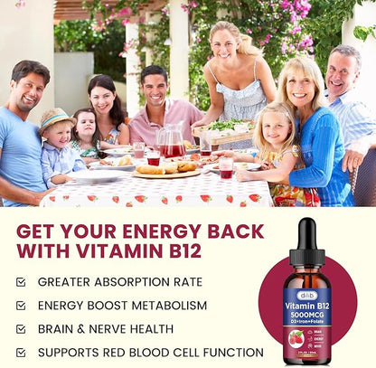 Vitamin B12 Complex 5000 mcg | Vegan B12 Liquid Drops Sublingual Supplement | Methylcobalamin w/ Folate, Folate, Vitamin B6, C, D3 for Long-Lasting Energy and Healthy Metabolism, Raspberry Flavor