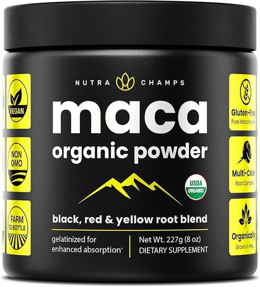 Organic Maca Powder - Peruvian Grown Maca Blend with Yellow, Black & Red Roots - Gelatinized for Superior Bioavailability - Natural, Vegan & Non-GMO, 8oz