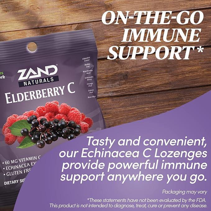 Zand Immunity Elderberry Vitamin C Lozenges, Immune Support Soothing Throat Drops, Elderberry, Vitamin C, Echinacea Extract, No Cane Sugar or Corn Syrup, Gluten Free, Non-GMO (12 Bags, 18 Lozenges)