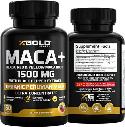 X Gold Health Organic Maca Root Powder Capsules 1500mg with Black | Red & Yellow Peruvian Maca Root Extract Gelatinized, Energy & Mood Supplement for Men & Women + Black Pepper for Best Benefits