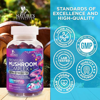 Mushroom Supplement Gummy - 12 in 1 Mushroom Complex with Lions Mane, Reishi, Cordyceps, Chaga & Turkey Tail, Immune Support & Nootropic Supplements for Memory, Brain, Energy & Focus - 60 Gummies