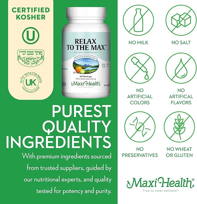Maxi Health - Relax to The Max Stress Relief Formula (60 Count) Capsules with Vitamin C, Calcium, L-Theanine, L-Taurine & Amino Acids - All Natural Calming & Relaxation Supplements