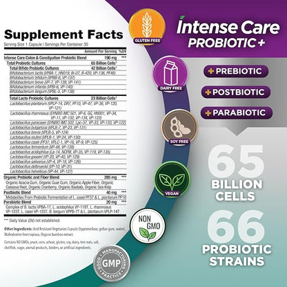 Vital Planet - Intense Care Colon & Constipation Probiotics Plus Organic Prebiotics, Postbiotics, Parabiotics, Complete 4-in-1 Health Supplement for Adults, 65 Billion CFU, 66 Strains, 30 ct