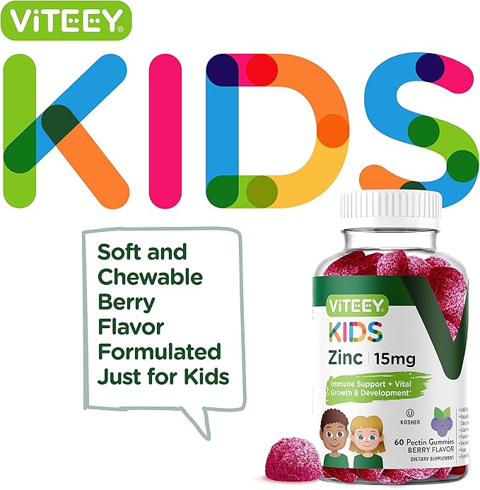 Zinc for Kids Gummies, 15mg - Immune Support - Powerful Natural Antioxidant, Kids Zinc Vitamin Supplement - Vegan, Gelatin Free, Gluten Free - Tasty Chewable Berry Flavor Gummy