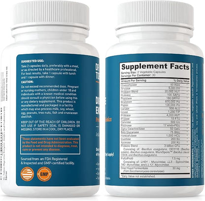 Dr. Tobias Digestive Enzymes with Probiotics, Prebiotics and Postbiotics Bromelain, Amylase, Lipase, for Better Digestion & Immune Function, 60 Capsules, 30 Servings (2 Daily)