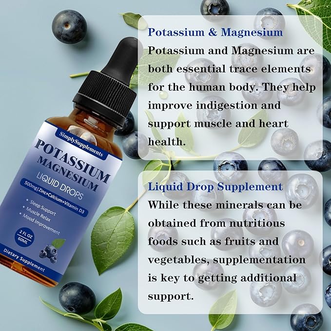 Potassium Magnesium Supplement - Potassium 99mg & 500mg Magnesium Glycinate Complex Liquid Drops with Calcium, Zinc, Vitamin B6, D3 - Energy & Bone & Muscle Support - 2 Fl oz