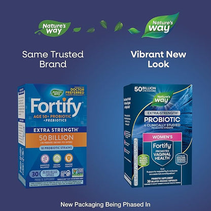 Nature's Way Women's Extra Strength** Fortify Probiotic, 50 Billion Live Cultures, Supports Digestive, Vaginal, & Immune Health*, Plant-Based Prebiotic Fiber, Non-GMO, 30 Capsules (Packaging May Vary)