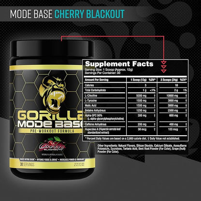 Gorilla Mind Base Pre Workout - Raises Nitric Oxide Intense Focus & Drive Endurance Power - L-Citrulline, L-Tyrosine, Betaine, Alpha-GPC, Caffeine, Huperzine A - 360 Grams (Cherry Blackout)