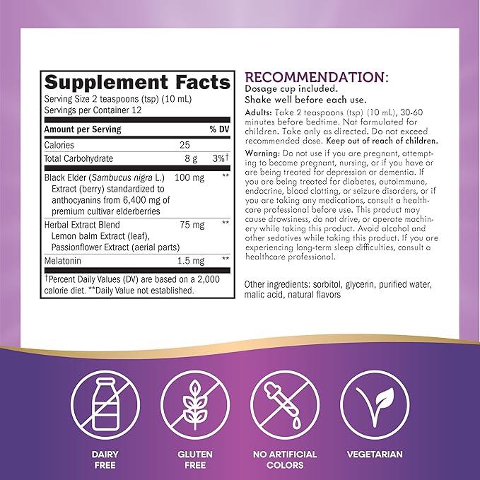 Nature's Way Sambucus NightTime Elderberry Syrup with Melatonin, Supports Restful Sleep*, 4 Fl Oz