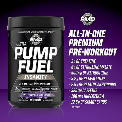 PMD Sports Ultra Pump Fuel Insanity - Pre Workout - Grape Gusher (30 Servings) Sports Omega Cuts Elite Thermogenic Fat Burner (90 Softgels)