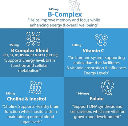 Vitamin B Complex with Vitamin C - B Complex Vitamins for Men and Women, 11-in-1 B-Complex for Brain & Energy Support, Immune & Nervous System Support - Non-GMO, 60 Vegetarian Capsules