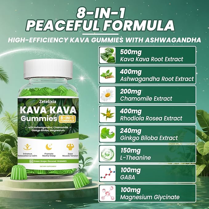 2 Pack Kava Kava Gummies, Kava Kava Root Extract Supplement with Kavalactones, Calm Gummies for Stress Relief & Better Sleep, Melatonin Free, Sugar Free, Vegan, Non-GMO, Green Grape Flavor, 120 count